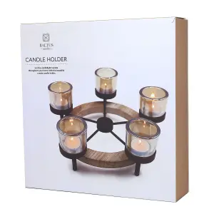 Tea Light Holder 5pc Amber Candle Jars with Round Tealight Wooden Stand Decor