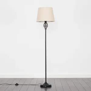 ValueLights Memphis Traditional Style Black Barley Twist Floor Lamp with Beige Tapered Light Shade - with LED GLS Bulb