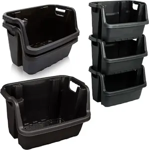 3 x Large Black Open Fronted Black Plastic Stacking Crates For Order Picking, Industrial, Garage  & Kitchen