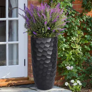 Set of 2 IDEALIST Tall Planter, Mosaic Black Reinforced Stone Round Planters, Outdoor Plant Pots: D31 H61 cm + D41 H77 cm