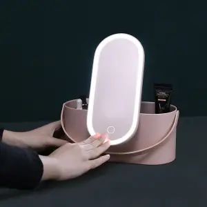 Pink Creative Organizer Cosmetic Mirror Portable Handheld Makeup Case