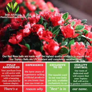 Best Artificial 23cm Red Rose Hanging Basket Flower Topiary Ball - Suitable for Outdoor Use - Weather & Fade Resistant