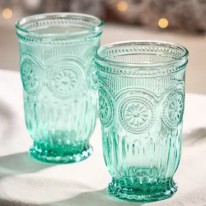 Set of 2 Luxury Embossed Green Tall Drinking Glass Tumblers 330ml