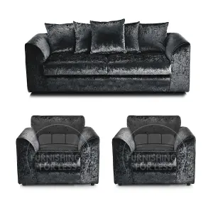 Crystal Crushed Velvet 3 Piece Sofa Set - 3 1 1 Black - Scatter Back