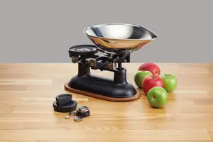 KitchenCraft Traditional Balance Scales in Black, Acacia Wood Stand