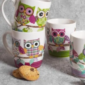 4 Cute Owl Mugs 13oz Bone China Coffee Tea Drinking Mugs Cup Set