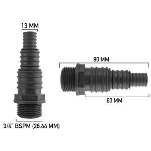 3/42 bsp male threaded multi-size hosetail for pumps and filters,3/4" bsp male thread will measure 26mm across the thread