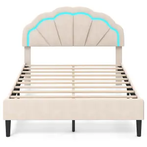 COSTWAY Double Size Upholstered LED Bed Frame Kids Platform Bed w/ Adjustable Headboard