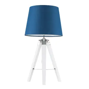 ValueLights Clipper Modern White Wood and Silver Chrome Tripod Table Lamp with Navy Blue Shade