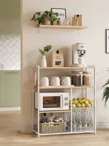 VASAGLE Baker's Rack, Kitchen Island With 2 Metal Mesh Baskets, Shelves And Hooks,  Industrial Style, Oak Beige And White