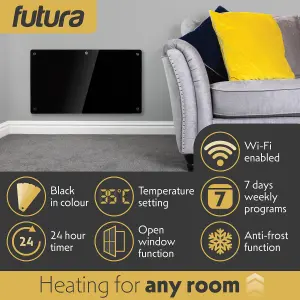 Futura Electric 1500W WIFI Glass Radiator Panel Heater Black Wall Mounted or Floor Standing Bathroom Safe, Timer and Thermostat