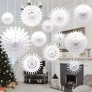 16PCS Christmas Paper Snowflakes Hanging Decoration White Snowflake Paper Fans Paper Christmas Decorations For Winter Home Christmas Wedding