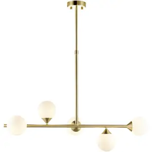 Multi Arm Hanging Ceiling Pendant Light - Satin Brass Plate & Gloss White Glass Shade - 5 x 3W LED G9