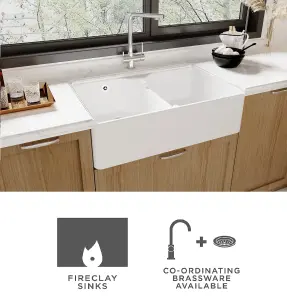 795mm - Double Bowl Fireclay Butler Kitchen Sink - Stepped Weir, Mixer Tap & Wastes