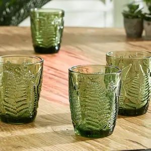 Set of 6 Vintage Luxury Green Leaf Embossed Drinking Glass Tumblers 260ml