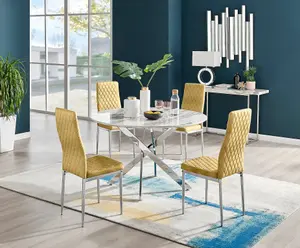 Furniturebox UK Novara White Marble 120cm Round Dining Table & 4 Mustard Velvet Milan Chairs