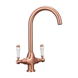 Nes Home Antique Copper & White Ceramic Handle Twin Lever Kitchen Mixer Tap Swivel Spout