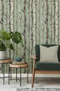 Fine Decor Birch Trees Sage Wallpaper FD43291