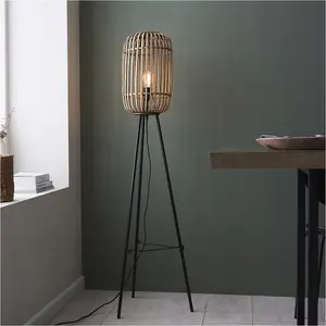 1280mm Floor Lamp - Natural Bamboo & Matt Black Simple Stylish Wood - Standing LED Light Base & Shade