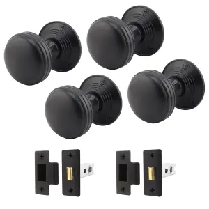 AFIT Lined Door Knob Set Matt Black - 2 Pairs of Mortice Knobs (55mm) & Latch (76mm) for Internal Doors