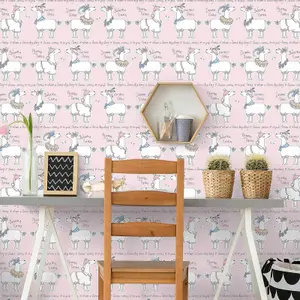 Belgravia Llama Rama Cartoon Blush Pink Childrens Bedroom Nursery Wallpaper 9731