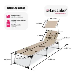 Sun Lounger Lorella - padded, foldable, with sunshade, 6-step backrest, cushion - beige