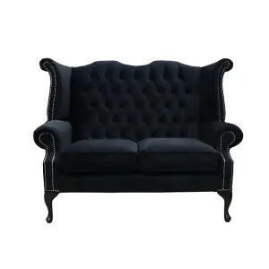 Chesterfield Original 2 Seater High Back Sofa Amalfi Black Velvet Fabric In Queen Anne Style