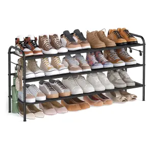 SONGMICS Shoe Rack, 3-Tier Shoe Organiser, Fabric Shoe Shelf Storage with 4 Hooks, Holds up to 18 Pairs of Shoes