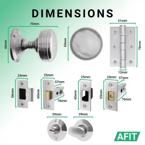 AFIT Lined Door Knob Set Satin Chrome, 1 Pair of Mortice Knobs (55mm), Latch & Deadbolt Kit (76mm), Hinges (76mm) & Turn & Release