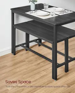 VASAGLE Dining Table with 2 Benches, 3 Piece Set, Kitchen Table, 2 Benches, Steel Frame, Ash Black and Ink Black