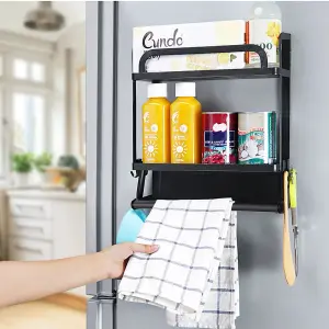 2 Tier Magnetic Spice Rack Fridge Shelf Space Saving Kitchen Storage Unit with Cling Film Holder