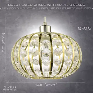 Modern Gold Plated Basket Cage Style Pendant Shade with Clear Acrylic Beads