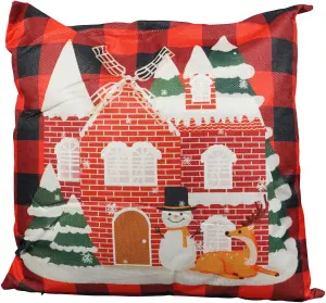 Xmas Haus Christmas Themed Cushion Snowy House with Snowman and Deer Red/Black Linen