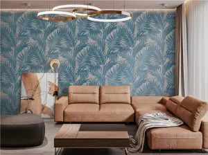 Luxurious Grace Palm Grey/Teal Wallpaper