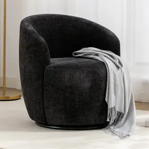 Chenille Fabric Swivel Accent Armchair Barrel Chair With Black Powder Coating Metal Ring, Black