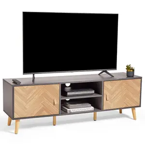 VonHaus Herringbone TV Unit, Grey & Wood Effect TV Cabinet For TV's up to 65"  w/Storage Cupboards, Shelving & Tapered Legs