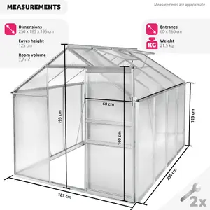 Greenhouse - aluminium frame, sliding door, roof window - 250 x 185 x 195 cm