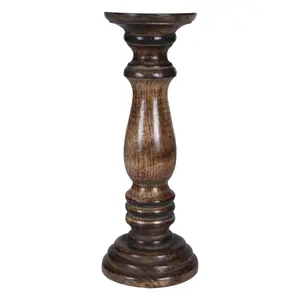 Rustic Antique Carved Wooden Pillar Church Candle Holder Light Brown, Large 31cm High