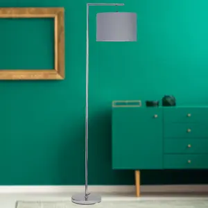 First Choice Lighting Chrome Angled Floor Lamp with Grey Cotton Shade