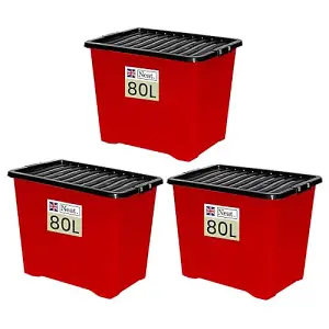 Neat. 80L Storage Boxes with Lids - Red Base & Black Clip Lid Ideal for Home Organisation- Pack of 3