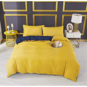 Microfiber Solid Colour Duvet Cover Set with Pillowcases Mustard/Navy / Double - 2 Standard Pillowcases