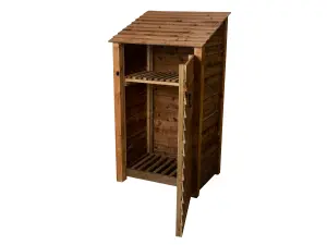 Wooden log store with door and kindling shelf W-99cm, H-180cm, D-88cm - brown finish