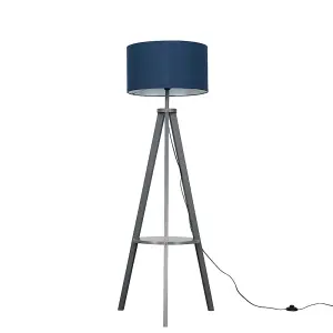 ValueLights Morrigan Grey Wood Tripod Design Floor Lamp with Storage Shelf and Navy Blue Drum Shade