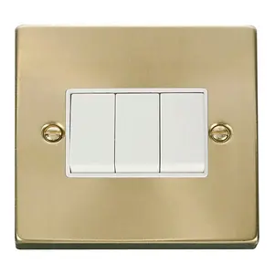 Satin / Brushed Brass 10A 3 Gang 2 Way Light Switch - White Trim - SE Home