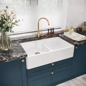 795mm - Double Bowl Fireclay Butler Kitchen Sink - Stepped Weir, Tap Ledge  & Wastes