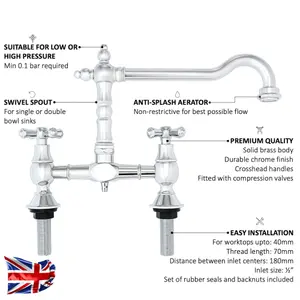 ENKI Langley Chrome Traditional Bridge Crosshead Mixer Tap for Kitchen Sink