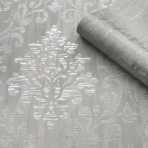 Muriva Grey Damask Metallic effect Embossed Wallpaper