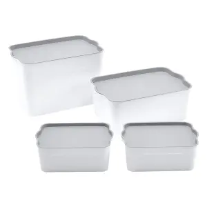 White Set of 4 Stackable Plastic Desktop Organizer Storage Box with Lid for Kitchen, Bedroom, Bathroom, 50L