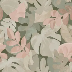 Grandeco Boutique Retro Leaf PVC-free Eco Wallpaper, Pink Green Grey