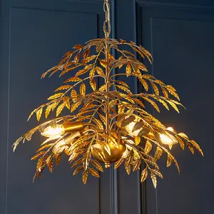 Gold Ceiling Pendant Light Decorative Leaf Design 5 Bulb Hanging Lamp Fitting